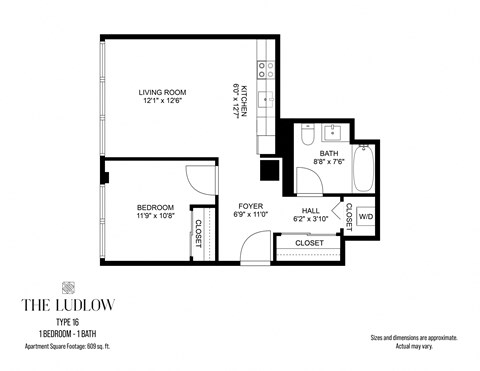 Floor plan for 1 bed, 1 bath, 609 sqft
